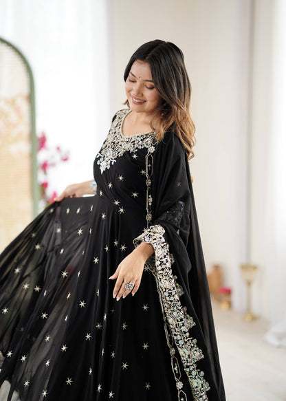 Glimmering Black Color Heavy Blooming Faux Anarkali Gown With Dupatta