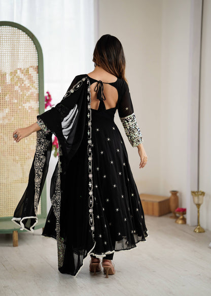 Glimmering Black Color Heavy Blooming Faux Anarkali Gown With Dupatta