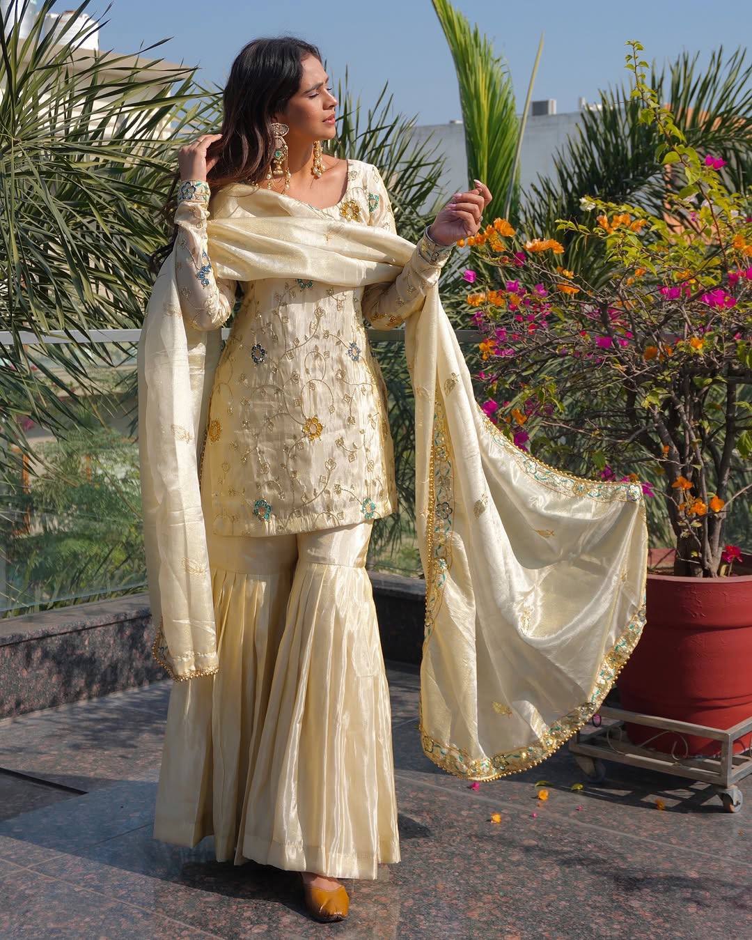 Designer Cream Color Pure Chinnon Embroidered Sequins Work Sharara Suit