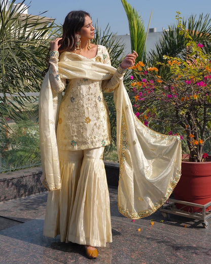 Designer Cream Color Pure Chinnon Embroidered Sequins Work Sharara Suit