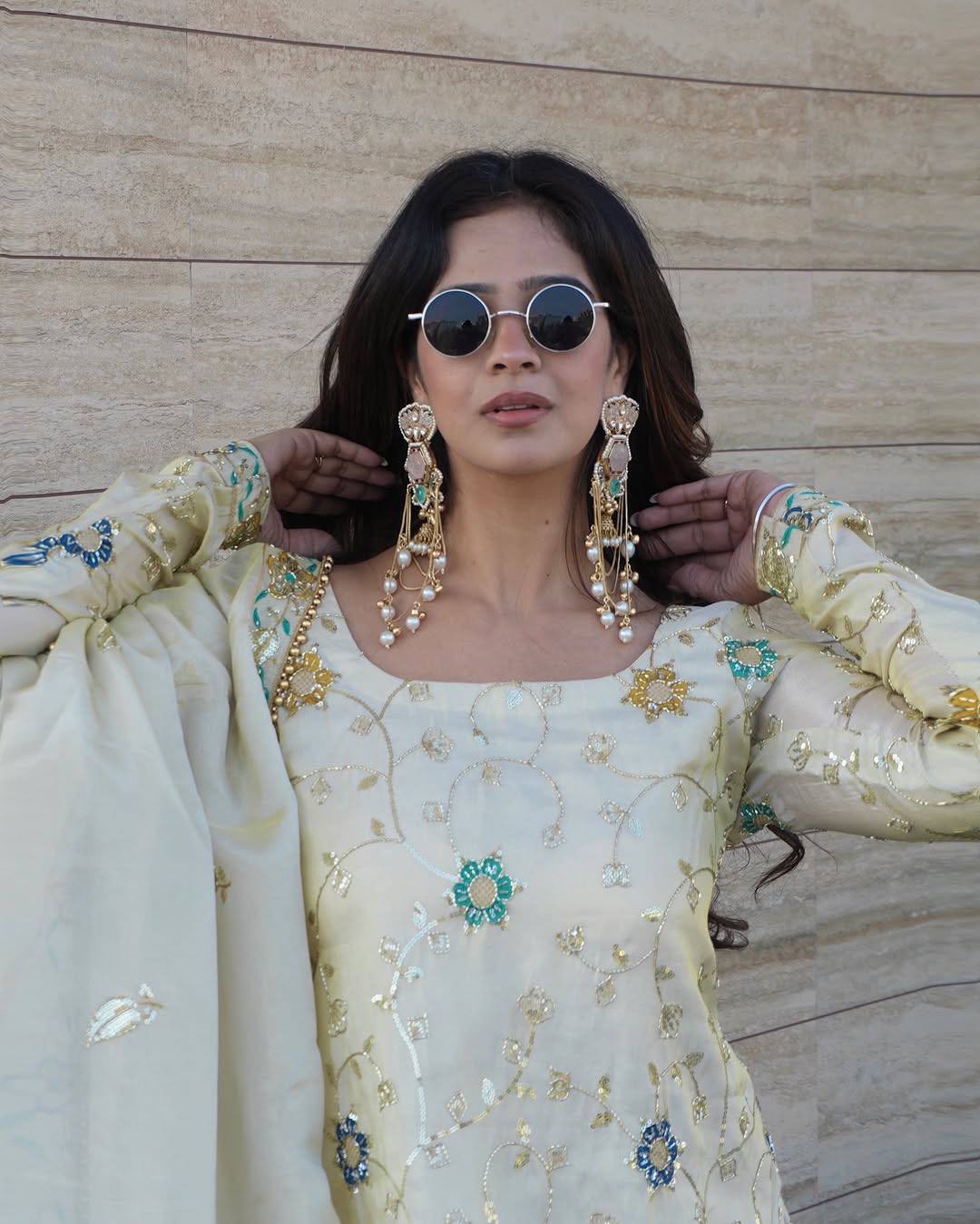 Designer Cream Color Pure Chinnon Embroidered Sequins Work Sharara Suit