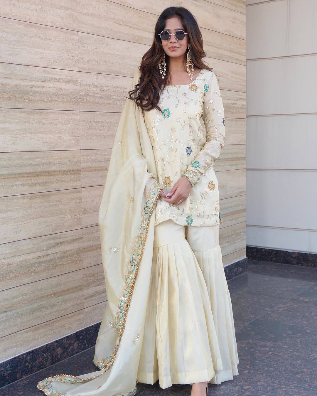 Designer Cream Color Pure Chinnon Embroidered Sequins Work Sharara Suit