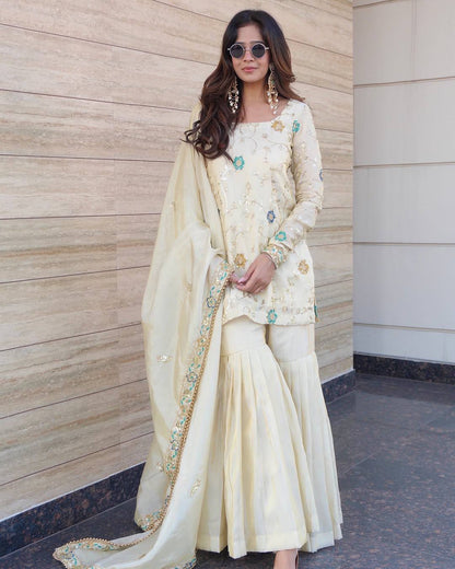 Designer Cream Color Pure Chinnon Embroidered Sequins Work Sharara Suit