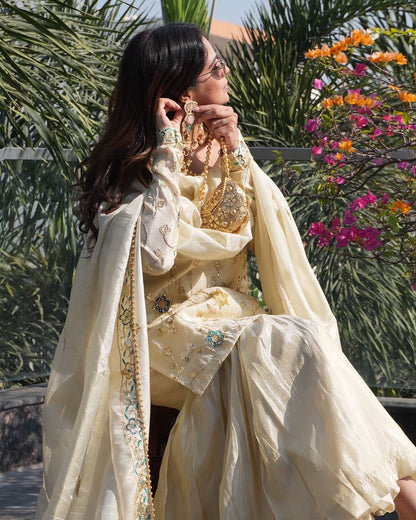 Designer Cream Color Pure Chinnon Embroidered Sequins Work Sharara Suit