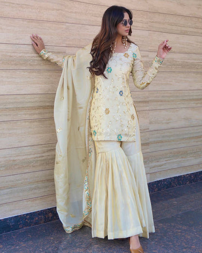 Designer Cream Color Pure Chinnon Embroidered Sequins Work Sharara Suit