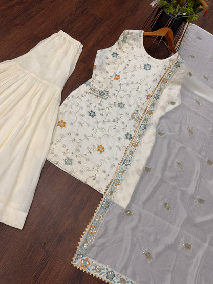 Designer Cream Color Pure Chinnon Embroidered Sequins Work Sharara Suit