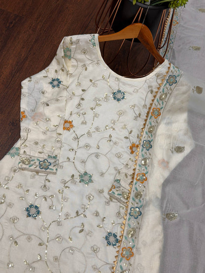 Designer Cream Color Pure Chinnon Embroidered Sequins Work Sharara Suit