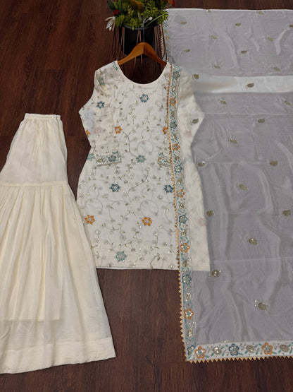 Designer Cream Color Pure Chinnon Embroidered Sequins Work Sharara Suit