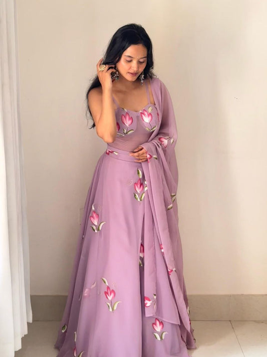 Lavender Color Hand Painted Corset Blouse With Georgette Lehenga Set
