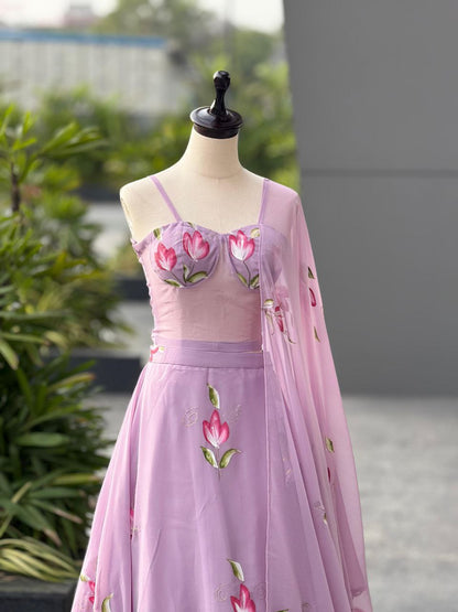 Elegance Lavender Color Hand Painted Corset Pure Georgette Lehenga Set