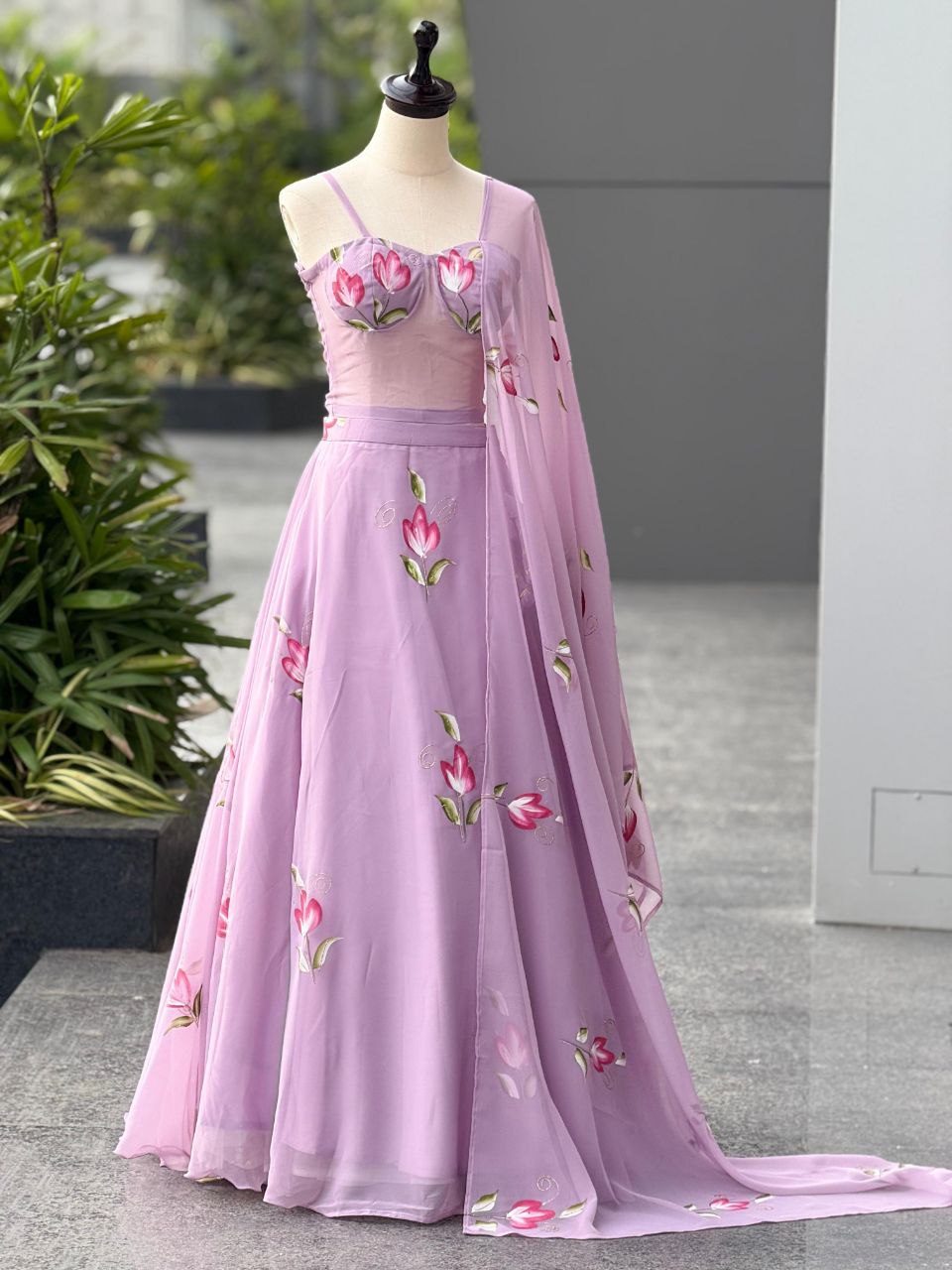 Elegance Lavender Color Hand Painted Corset Pure Georgette Lehenga Set