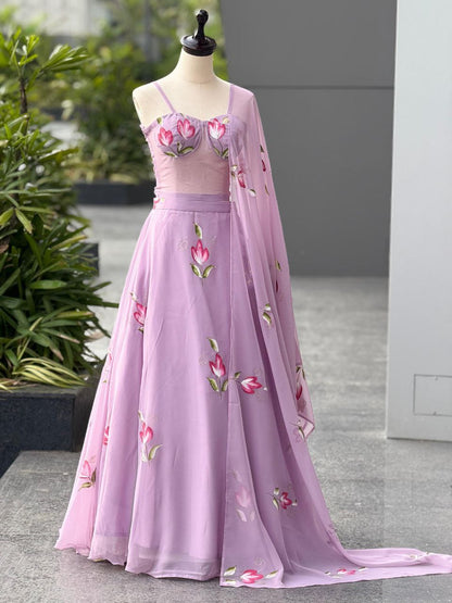 Elegance Lavender Color Hand Painted Corset Pure Georgette Lehenga Set