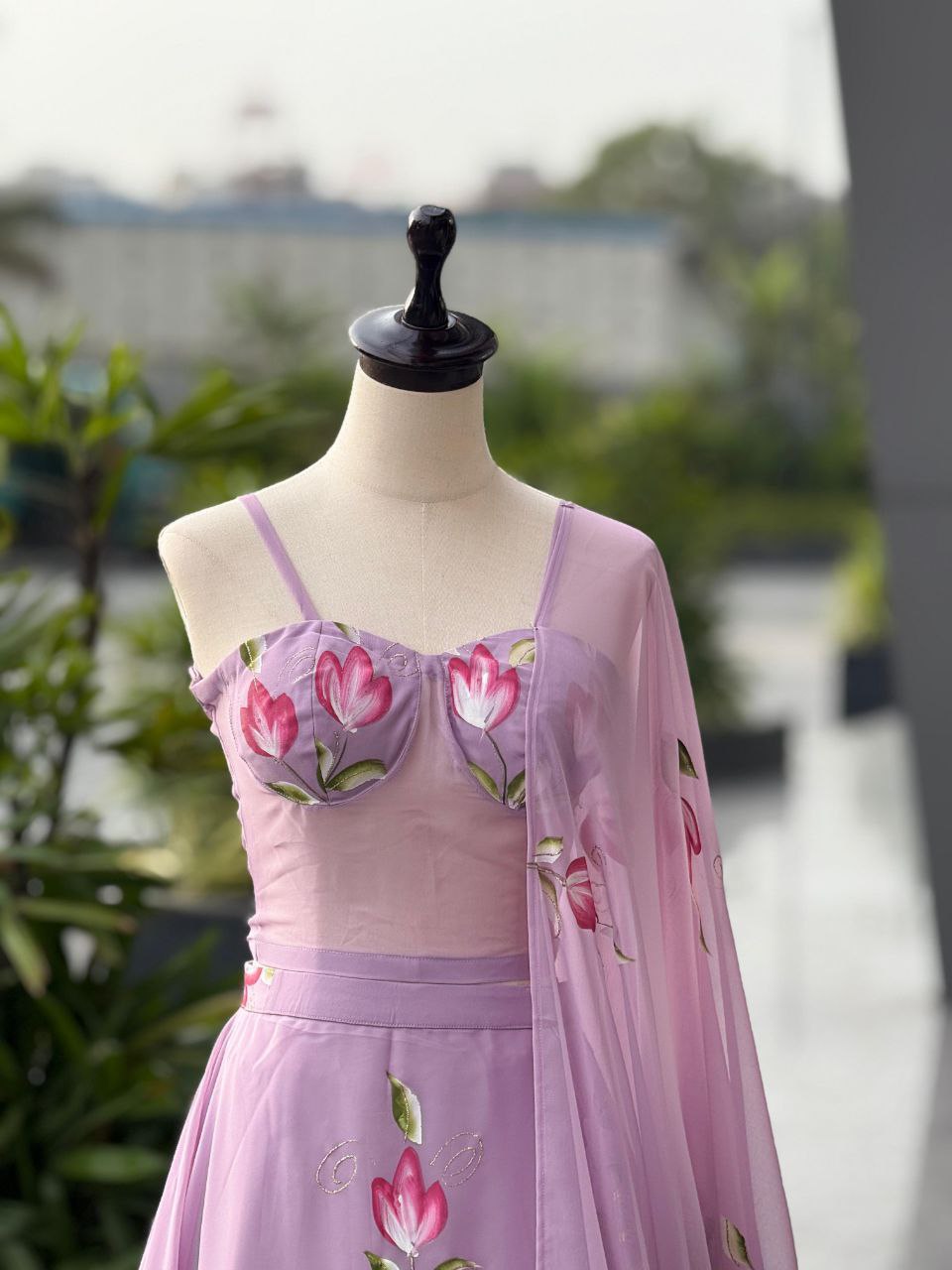 Elegance Lavender Color Hand Painted Corset Pure Georgette Lehenga Set