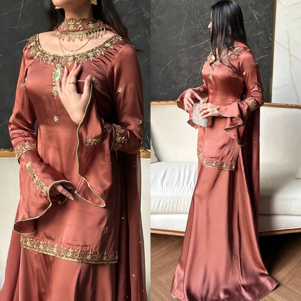 Wedding Wear Rust Color Crepe Silk Sharara Set With Umbrella Sleeve