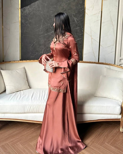 Wedding Wear Rust Color Crepe Silk Sharara Set With Umbrella Sleeve