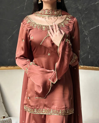 Wedding Wear Rust Color Crepe Silk Sharara Set With Umbrella Sleeve