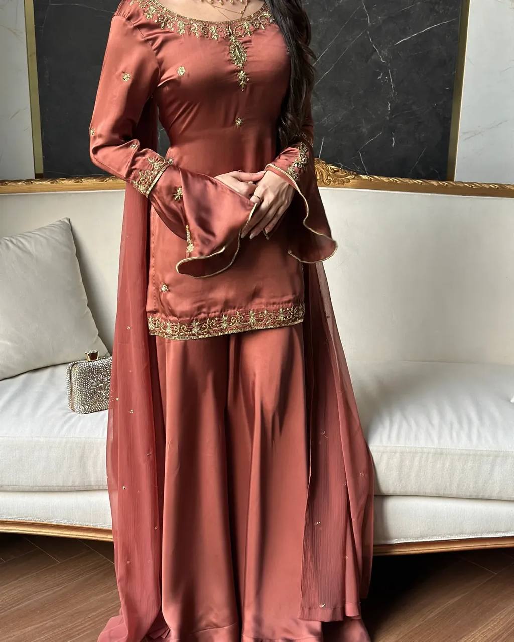 Wedding Wear Rust Color Crepe Silk Sharara Set With Umbrella Sleeve