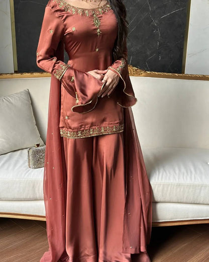 Wedding Wear Rust Color Crepe Silk Sharara Set With Umbrella Sleeve