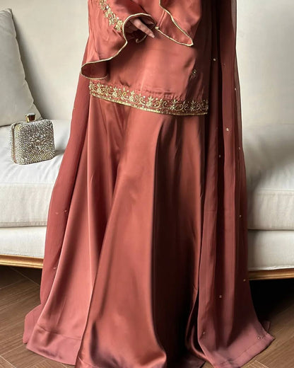 Wedding Wear Rust Color Crepe Silk Sharara Set With Umbrella Sleeve