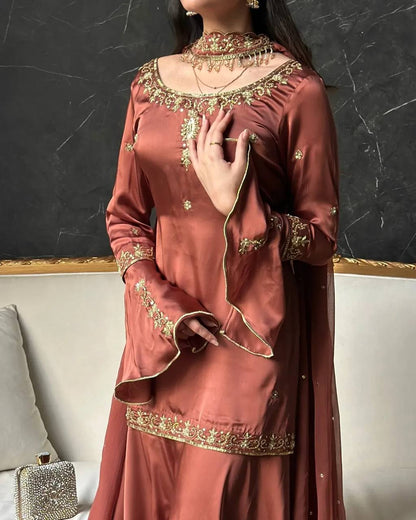 Wedding Wear Rust Color Crepe Silk Sharara Set With Umbrella Sleeve