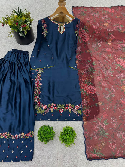 Traditional Wear Neavy Blue Color Pure Natural Crep Silk With Embroidery Sequence Work Salwar Suit