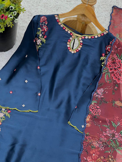 Traditional Wear Neavy Blue Color Pure Natural Crep Silk With Embroidery Sequence Work Salwar Suit