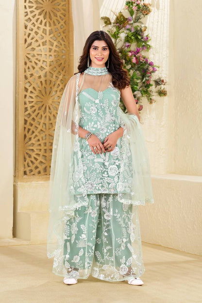 Wedding Wear Pista Green Color Butterfly Net Sequence Embroidery Work Palazzo Suit