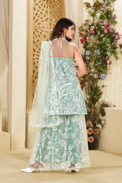 Wedding Wear Pista Green Color Butterfly Net Sequence Embroidery Work Palazzo Suit