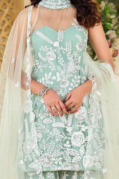Wedding Wear Pista Green Color Butterfly Net Sequence Embroidery Work Palazzo Suit