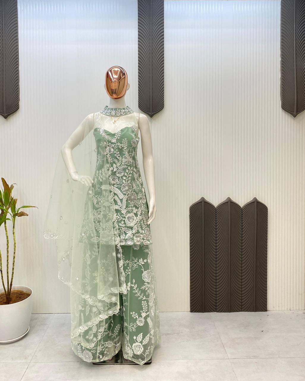 Wedding Wear Pista Green Color Butterfly Net Sequence Embroidery Work Palazzo Suit
