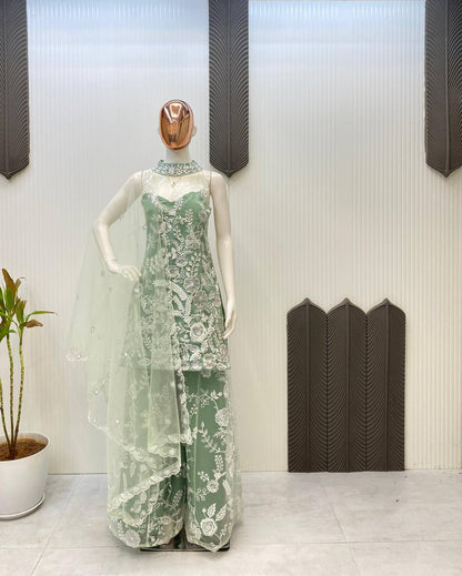 Wedding Wear Pista Green Color Butterfly Net Sequence Embroidery Work Palazzo Suit