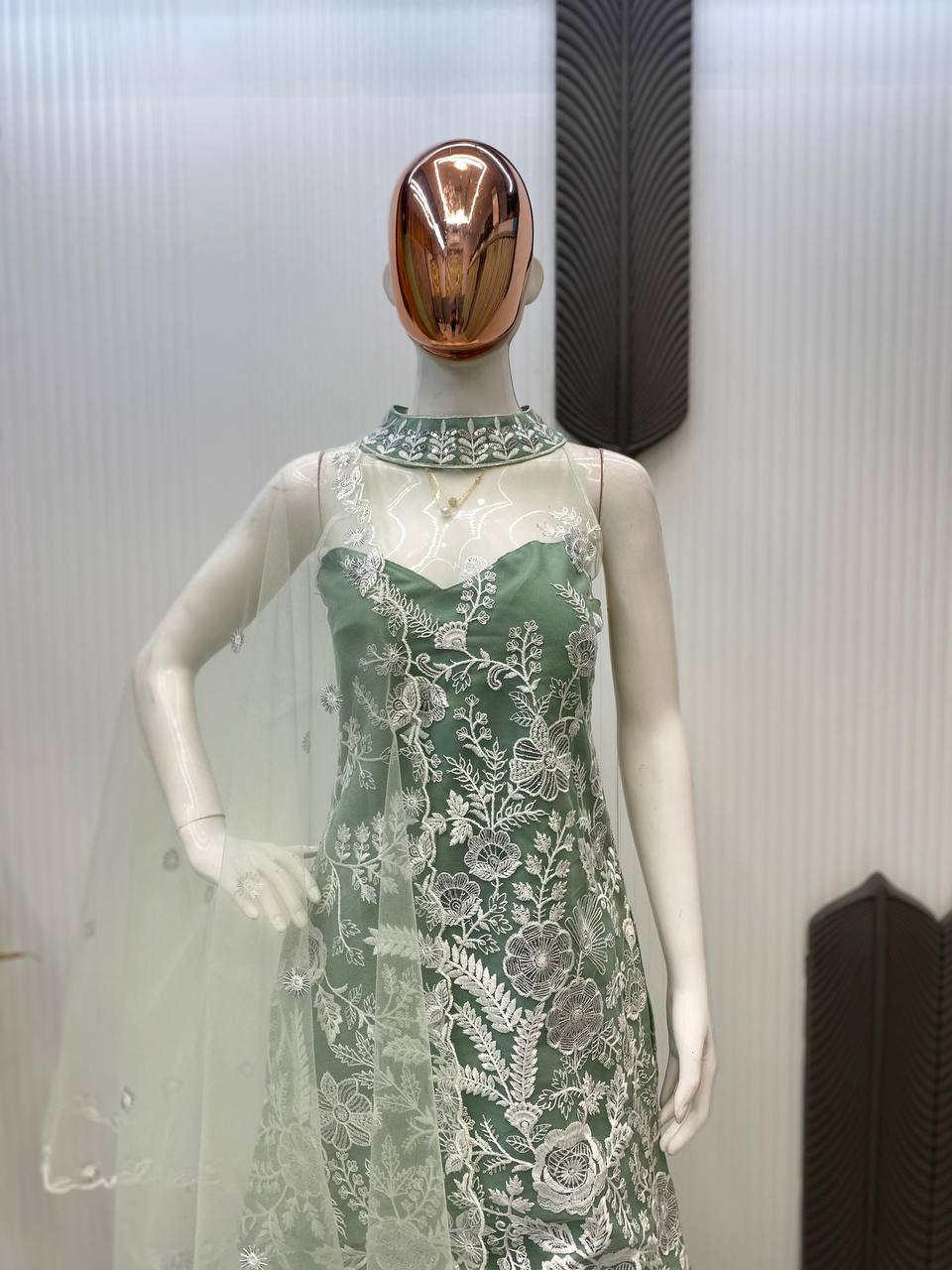Wedding Wear Pista Green Color Butterfly Net Sequence Embroidery Work Palazzo Suit