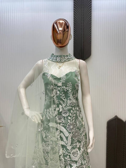Wedding Wear Pista Green Color Butterfly Net Sequence Embroidery Work Palazzo Suit