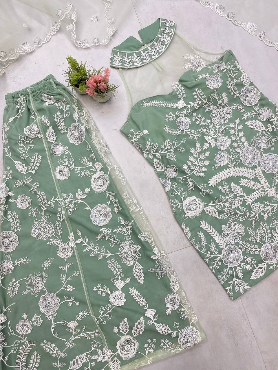 Wedding Wear Pista Green Color Butterfly Net Sequence Embroidery Work Palazzo Suit
