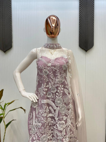 Wedding Wear Dusty Pink Color Butterfly Net Sequence Embroidery Work Palazzo Suit