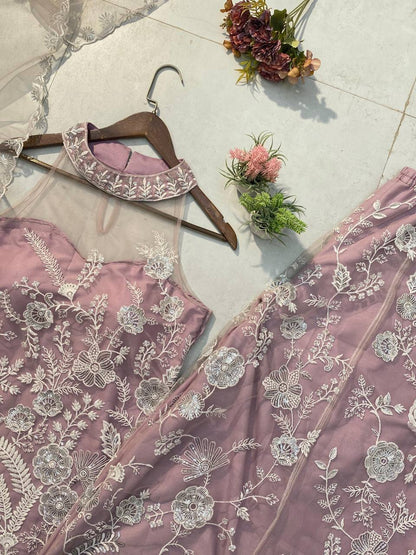 Wedding Wear Dusty Pink Color Butterfly Net Sequence Embroidery Work Palazzo Suit