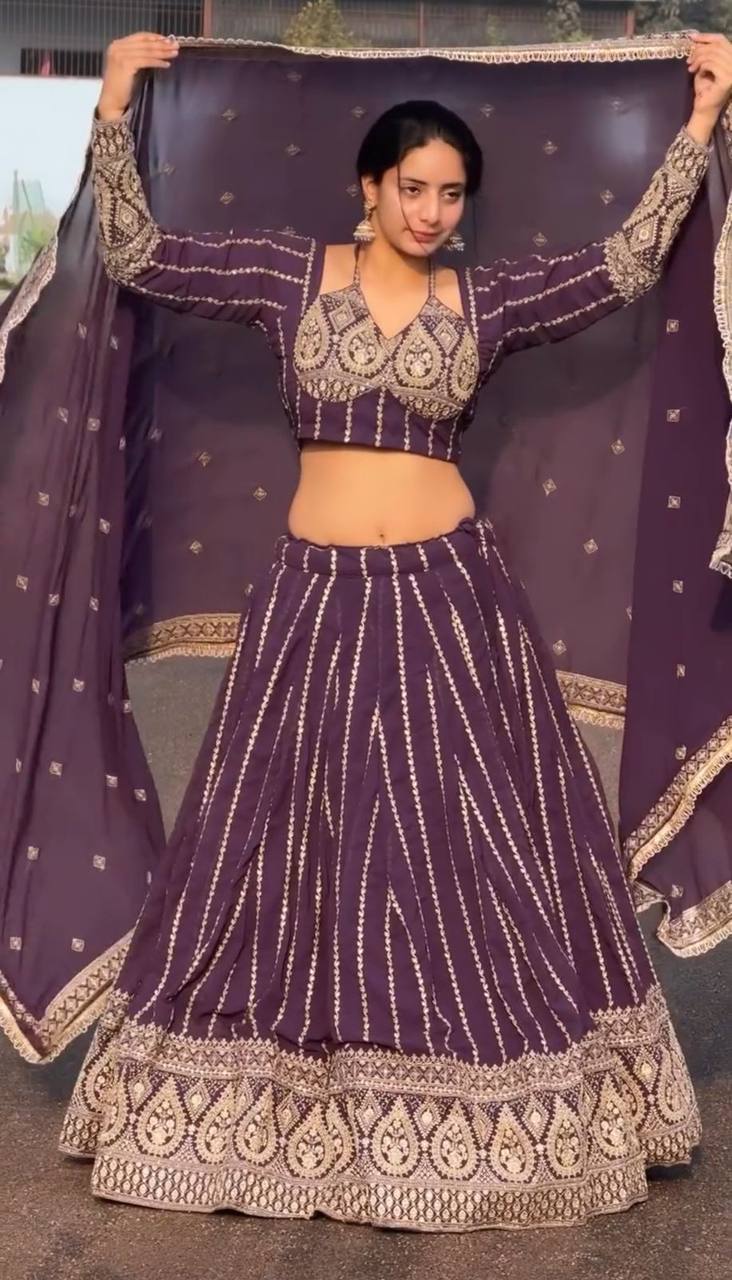 Wedding Wear Purple Color Heavy Faux Georgette With Embroidery sequence Work Lehenga Choli