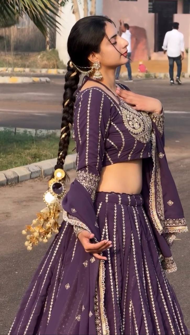 Wedding Wear Purple Color Heavy Faux Georgette With Embroidery sequence Work Lehenga Choli