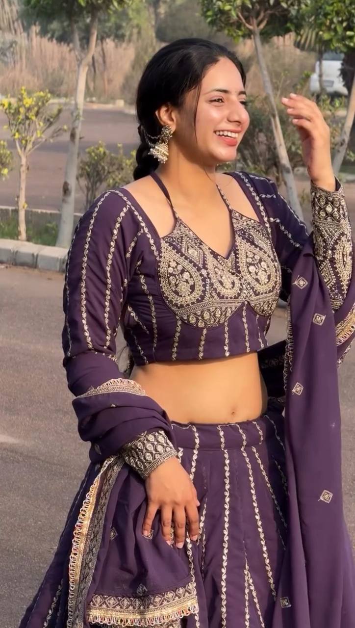 Wedding Wear Purple Color Heavy Faux Georgette With Embroidery sequence Work Lehenga Choli