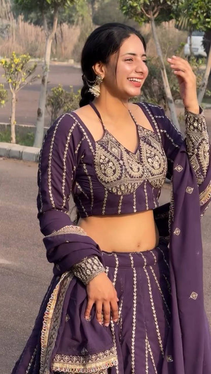 Wedding Wear Purple Color Heavy Faux Georgette With Embroidery sequence Work Lehenga Choli
