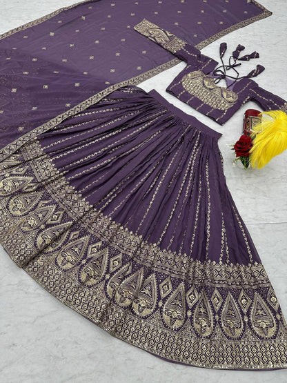 Wedding Wear Purple Color Heavy Faux Georgette With Embroidery sequence Work Lehenga Choli