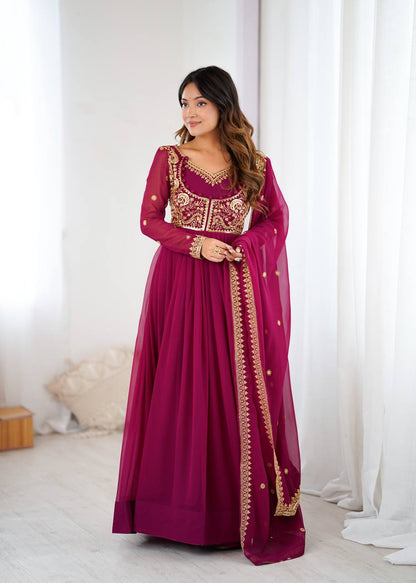 Designer Wine Color Faux Georgette Anarkali Gown Suit Set