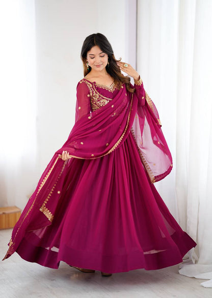 Designer Wine Color Faux Georgette Anarkali Gown Suit Set