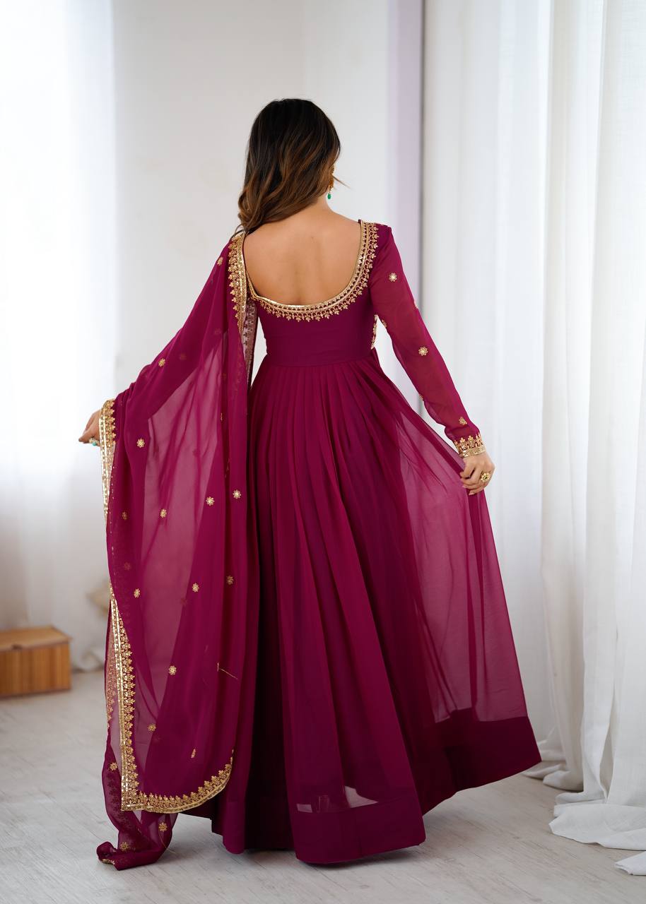 Designer Wine Color Faux Georgette Anarkali Gown Suit Set