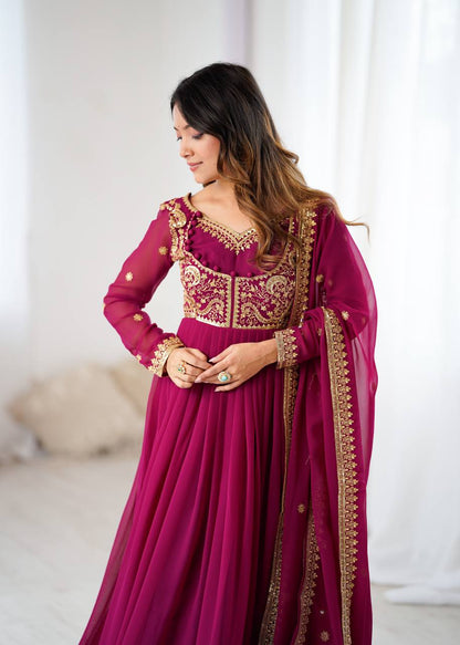 Designer Wine Color Faux Georgette Anarkali Gown Suit Set