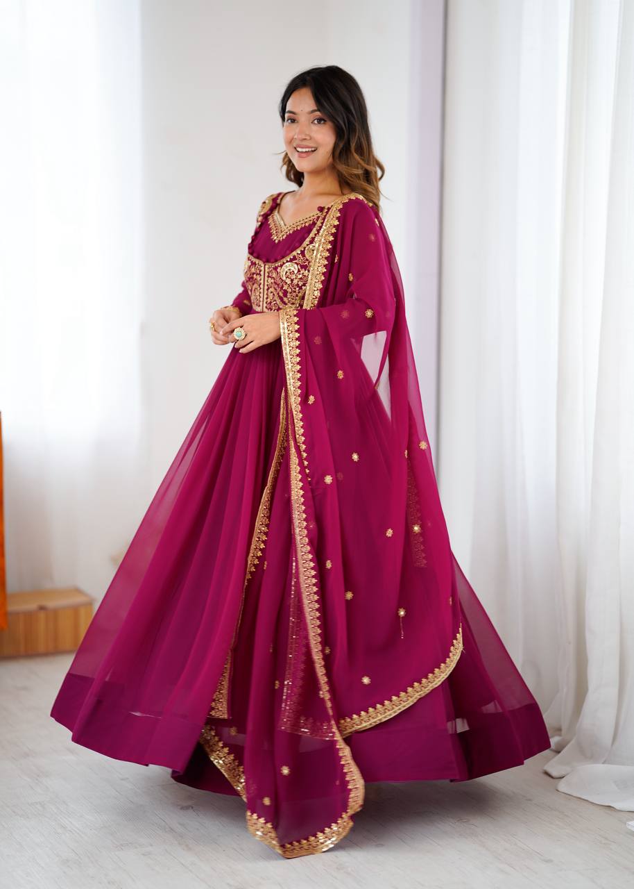 Designer Wine Color Faux Georgette Anarkali Gown Suit Set