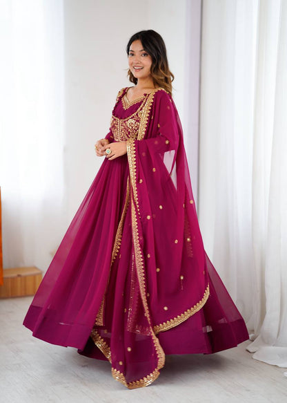 Designer Wine Color Faux Georgette Anarkali Gown Suit Set