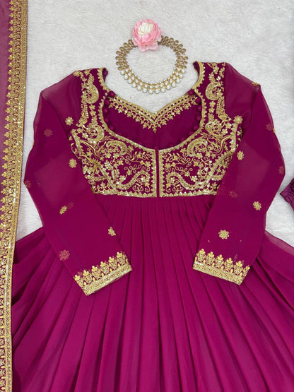 Designer Wine Color Faux Georgette Anarkali Gown Suit Set
