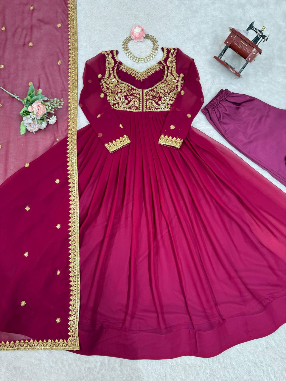 Designer Wine Color Faux Georgette Anarkali Gown Suit Set