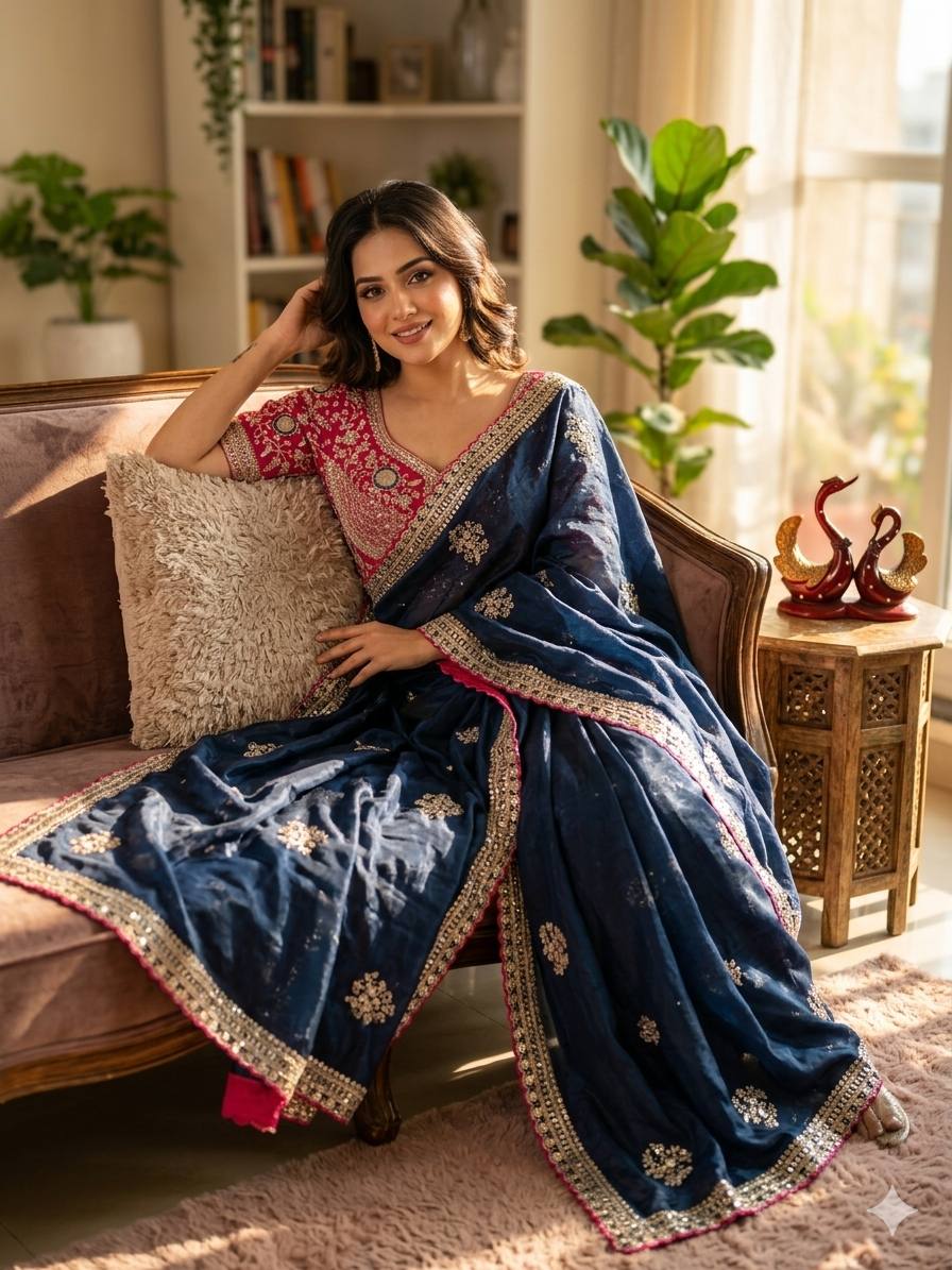 Graceful Navy Blue Color Sequnce Embroidered Designer saree With Blouse